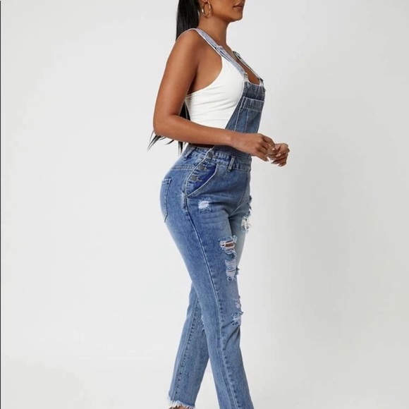 COPY - DISTRESSED LOOK BLUE OVERALLS - Picture 1 of 16